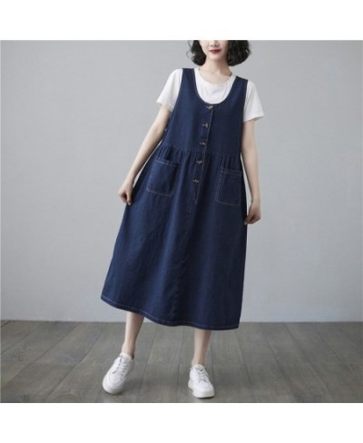 Spring Summer Denim Overalls Dress Women Sleeveless A-line Jeans Dress Female V Neck Single Breasted Midi Dresses Ladies $53....