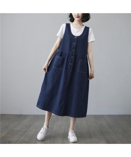 Spring Summer Denim Overalls Dress Women Sleeveless A-line Jeans Dress Female V Neck Single Breasted Midi Dresses Ladies $53....