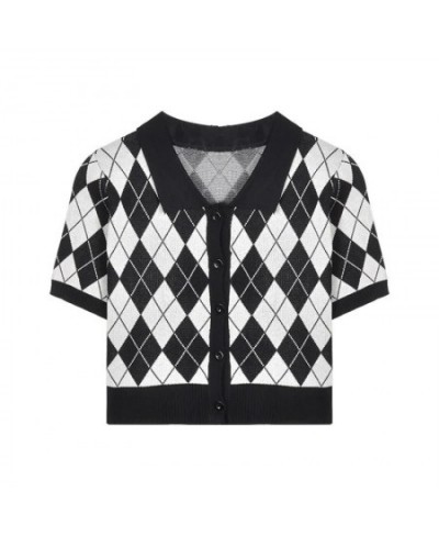 Korean Preppy Style Argyle Crop Cardigan Women Vintage Short Sleeve Plaid Knitted Crop Sweaters Femme $21.39 - Sweaters