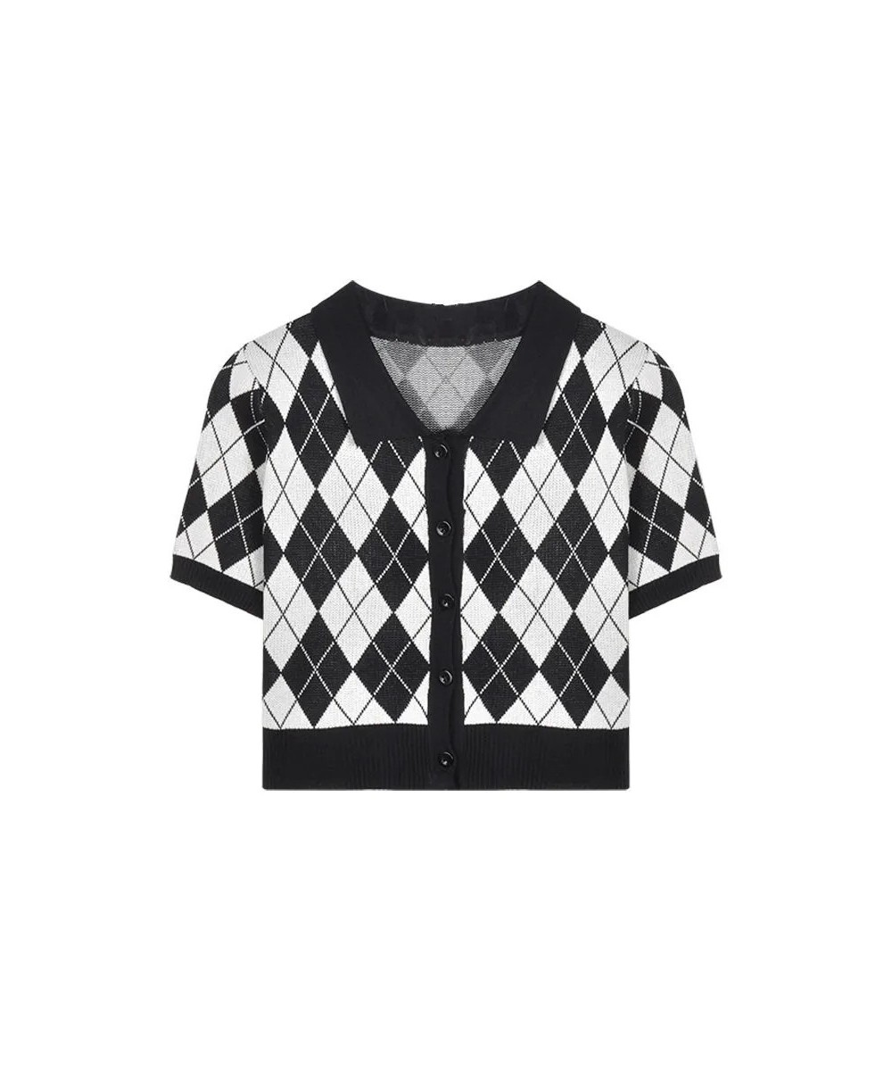 Korean Preppy Style Argyle Crop Cardigan Women Vintage Short Sleeve Plaid Knitted Crop Sweaters Femme $21.39 - Sweaters