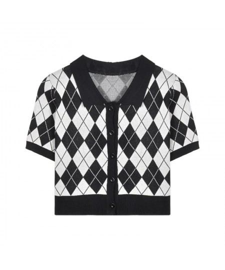 Korean Preppy Style Argyle Crop Cardigan Women Vintage Short Sleeve Plaid Knitted Crop Sweaters Femme $21.39 - Sweaters