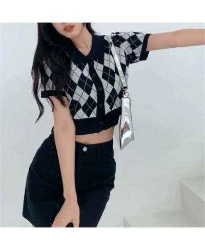 Korean Preppy Style Argyle Crop Cardigan Women Vintage Short Sleeve Plaid Knitted Crop Sweaters Femme $21.39 - Sweaters