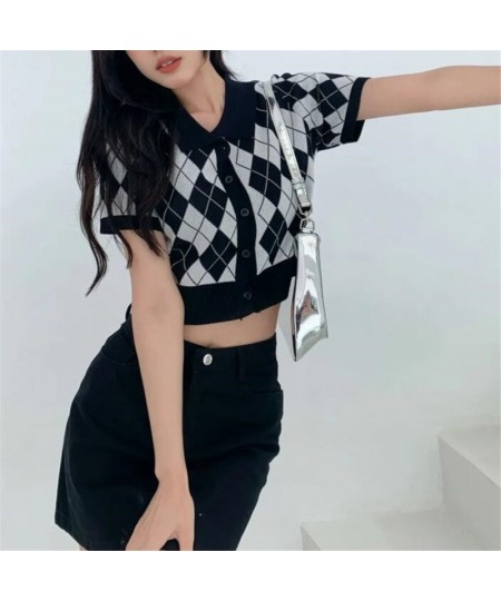 Korean Preppy Style Argyle Crop Cardigan Women Vintage Short Sleeve Plaid Knitted Crop Sweaters Femme $21.39 - Sweaters