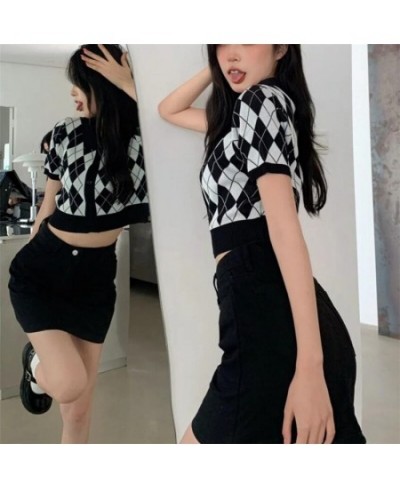 Korean Preppy Style Argyle Crop Cardigan Women Vintage Short Sleeve Plaid Knitted Crop Sweaters Femme $21.39 - Sweaters