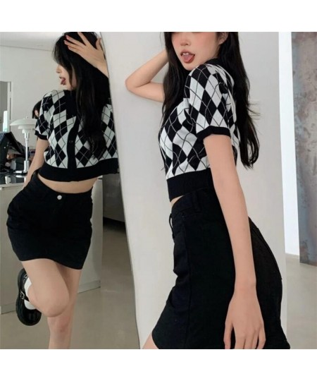 Korean Preppy Style Argyle Crop Cardigan Women Vintage Short Sleeve Plaid Knitted Crop Sweaters Femme $21.39 - Sweaters