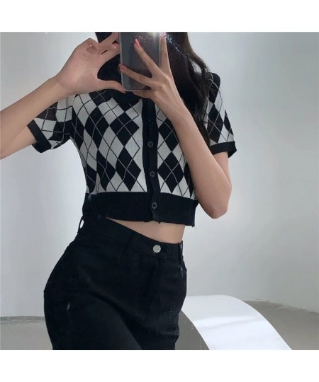 Korean Preppy Style Argyle Crop Cardigan Women Vintage Short Sleeve Plaid Knitted Crop Sweaters Femme $21.39 - Sweaters