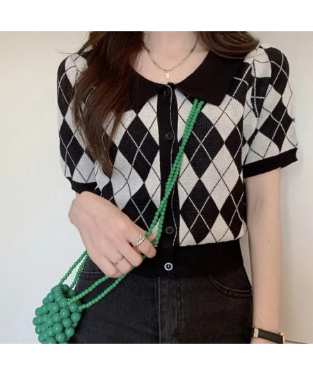 Korean Preppy Style Argyle Crop Cardigan Women Vintage Short Sleeve Plaid Knitted Crop Sweaters Femme $21.39 - Sweaters