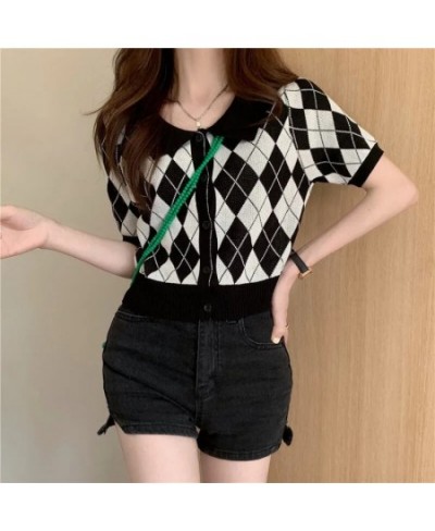 Korean Preppy Style Argyle Crop Cardigan Women Vintage Short Sleeve Plaid Knitted Crop Sweaters Femme $21.39 - Sweaters