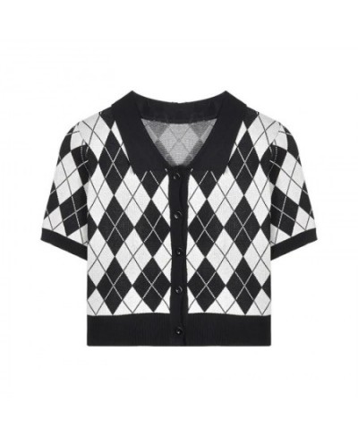 Korean Preppy Style Argyle Crop Cardigan Women Vintage Short Sleeve Plaid Knitted Crop Sweaters Femme $21.39 - Sweaters