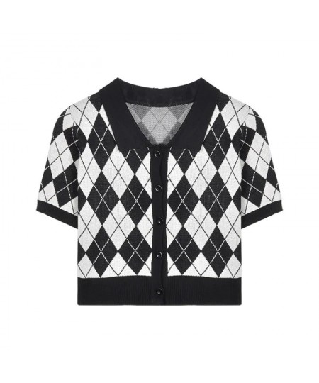 Korean Preppy Style Argyle Crop Cardigan Women Vintage Short Sleeve Plaid Knitted Crop Sweaters Femme $21.39 - Sweaters