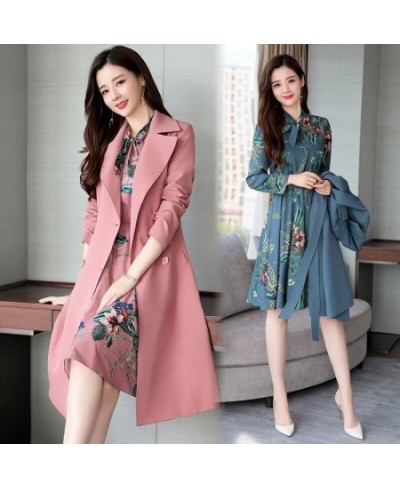 Spring Ladies Dress Suits for Office Wear Long Trench Coat and Knee Length Dress 2 Piece Set Women Formal Dresses Suit $78.35...