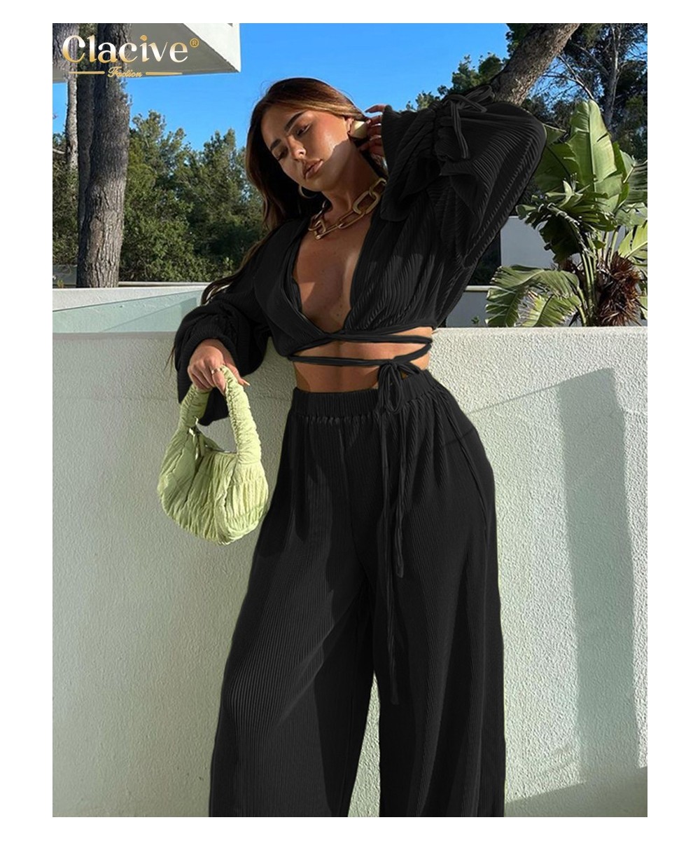 Sexy Green Pants Set Women Casual Loose Bandage Blouses Shirt Matching Wide Leg Trousers Suit Elegant 2 Piece Pant Set $49.56...