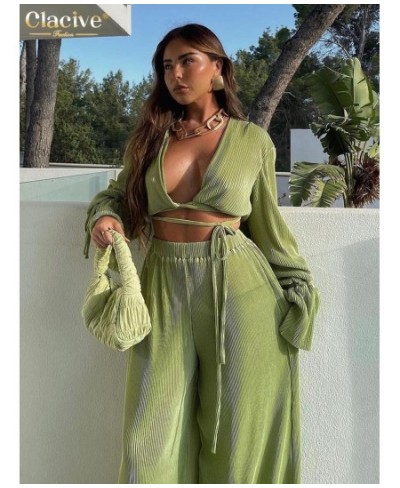 Sexy Green Pants Set Women Casual Loose Bandage Blouses Shirt Matching Wide Leg Trousers Suit Elegant 2 Piece Pant Set $49.56...