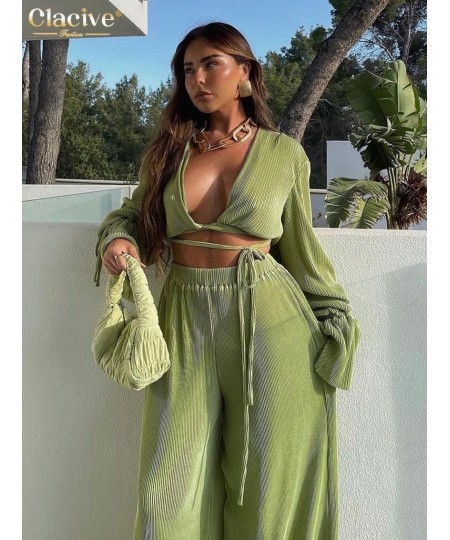 Sexy Green Pants Set Women Casual Loose Bandage Blouses Shirt Matching Wide Leg Trousers Suit Elegant 2 Piece Pant Set $49.56...