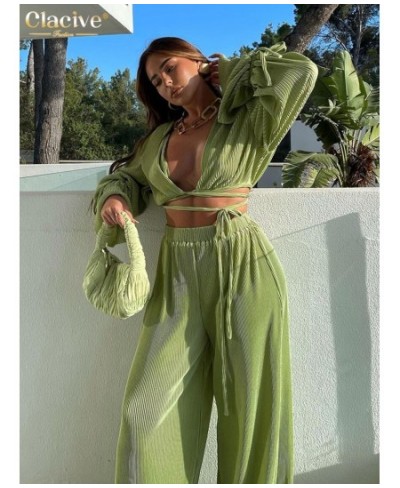 Sexy Green Pants Set Women Casual Loose Bandage Blouses Shirt Matching Wide Leg Trousers Suit Elegant 2 Piece Pant Set $49.56...