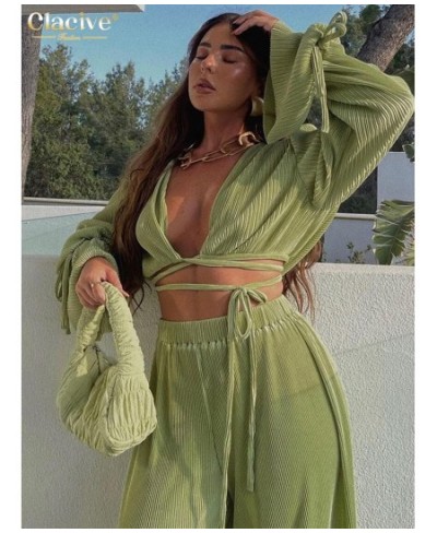 Sexy Green Pants Set Women Casual Loose Bandage Blouses Shirt Matching Wide Leg Trousers Suit Elegant 2 Piece Pant Set $49.56...