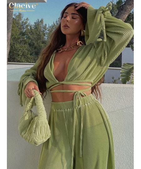 Sexy Green Pants Set Women Casual Loose Bandage Blouses Shirt Matching Wide Leg Trousers Suit Elegant 2 Piece Pant Set $49.56...