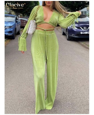 Sexy Green Pants Set Women Casual Loose Bandage Blouses Shirt Matching Wide Leg Trousers Suit Elegant 2 Piece Pant Set $49.56...