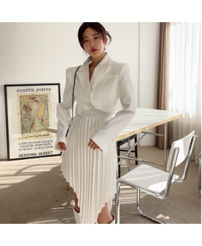 Skirt Suits Fake Two Piece Blazer Femenino Cropped White Pleated Irregular Skirts Sets Temperament Bodycon Office Lady Jacket...