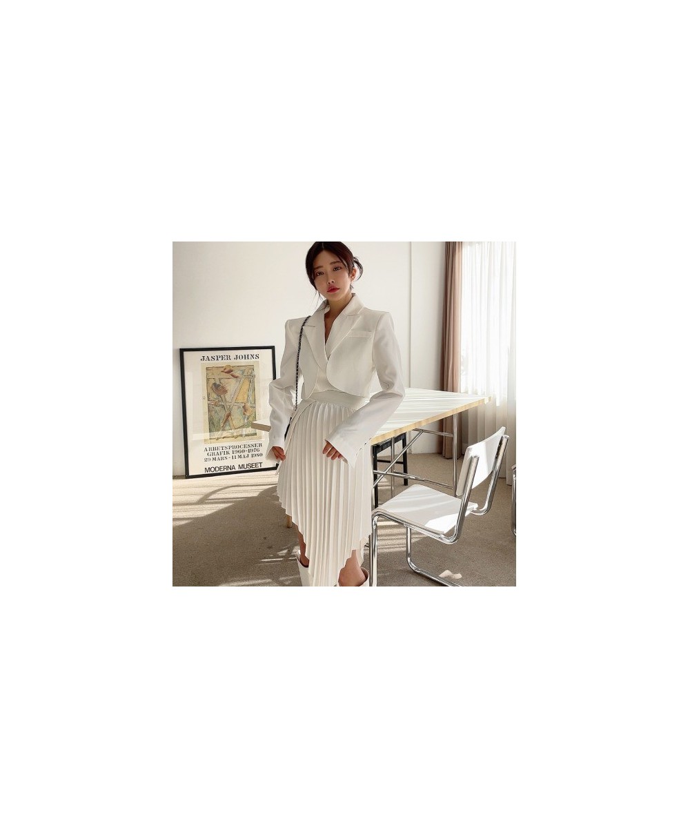 Skirt Suits Fake Two Piece Blazer Femenino Cropped White Pleated Irregular Skirts Sets Temperament Bodycon Office Lady Jacket...