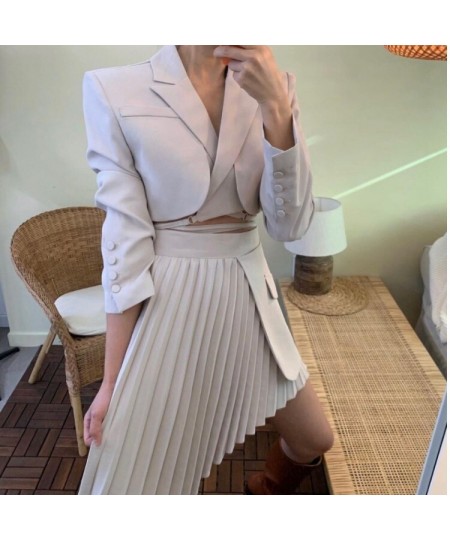 Skirt Suits Fake Two Piece Blazer Femenino Cropped White Pleated Irregular Skirts Sets Temperament Bodycon Office Lady Jacket...