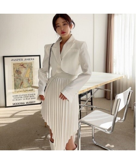 Skirt Suits Fake Two Piece Blazer Femenino Cropped White Pleated Irregular Skirts Sets Temperament Bodycon Office Lady Jacket...