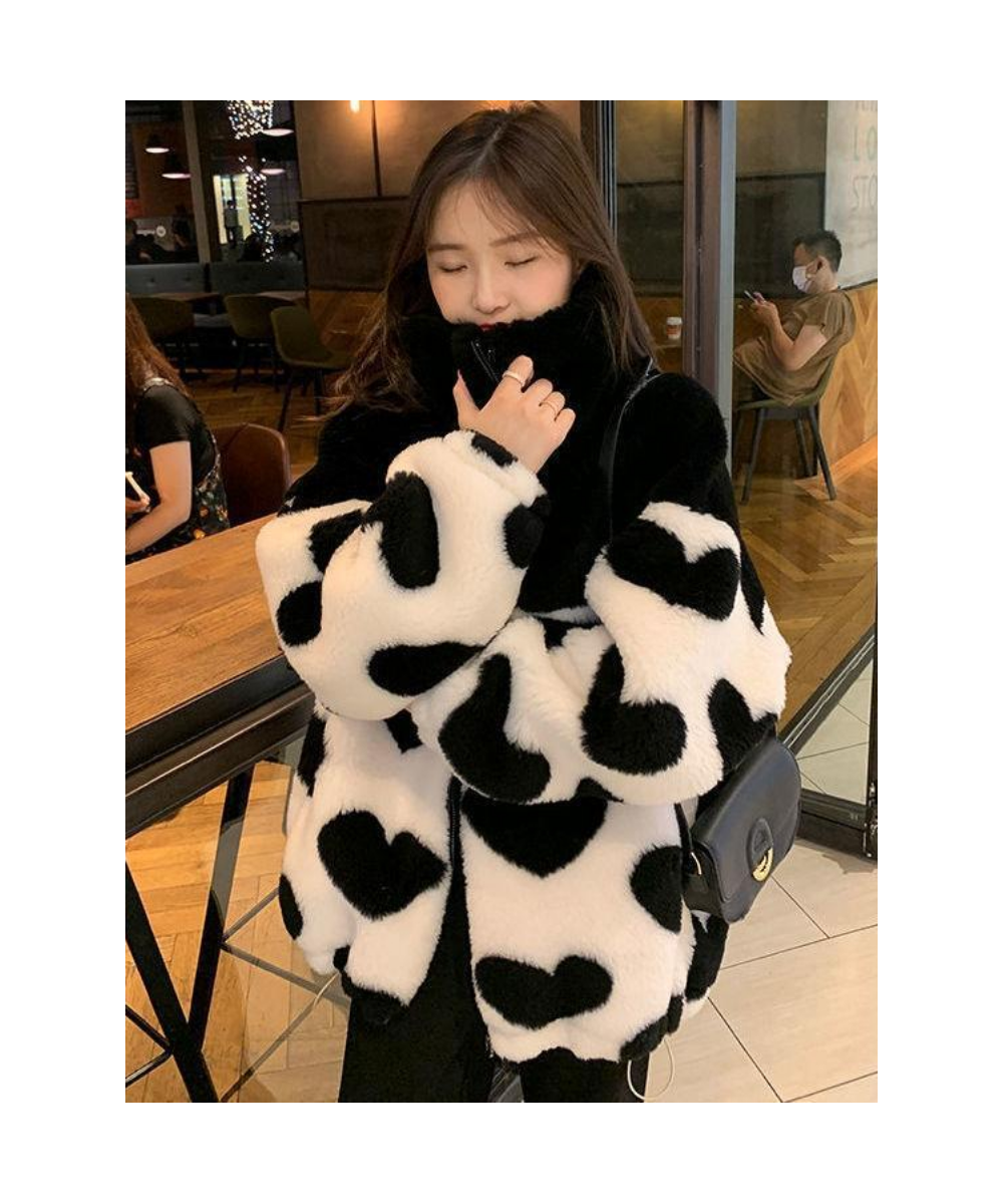 2023 Y2k Winter Zipper Heart Print Coats Harajuku Lamb Wool Fluffy Clothes Women Mid-length Tops Streetwear Warm Thick Jacket...