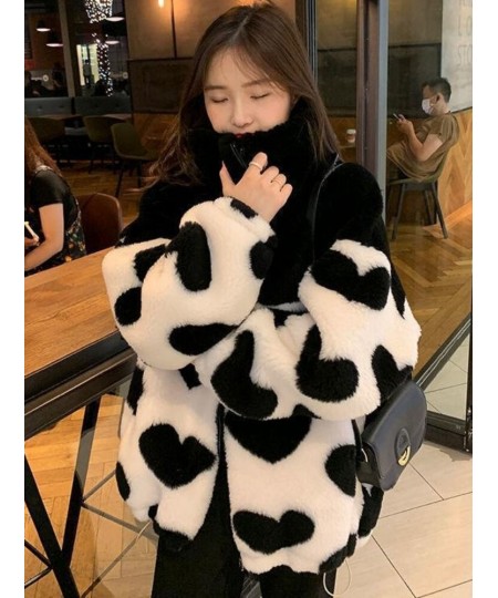 2023 Y2k Winter Zipper Heart Print Coats Harajuku Lamb Wool Fluffy Clothes Women Mid-length Tops Streetwear Warm Thick Jacket...