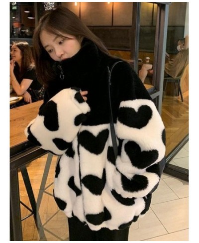 2023 Y2k Winter Zipper Heart Print Coats Harajuku Lamb Wool Fluffy Clothes Women Mid-length Tops Streetwear Warm Thick Jacket...