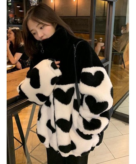 2023 Y2k Winter Zipper Heart Print Coats Harajuku Lamb Wool Fluffy Clothes Women Mid-length Tops Streetwear Warm Thick Jacket...