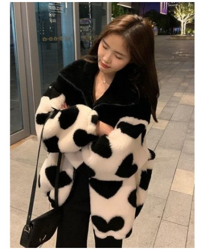 2023 Y2k Winter Zipper Heart Print Coats Harajuku Lamb Wool Fluffy Clothes Women Mid-length Tops Streetwear Warm Thick Jacket...