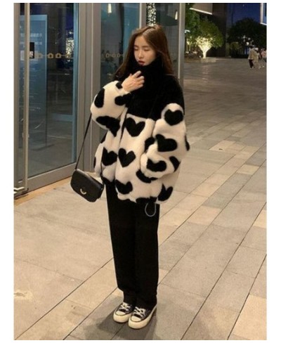 2023 Y2k Winter Zipper Heart Print Coats Harajuku Lamb Wool Fluffy Clothes Women Mid-length Tops Streetwear Warm Thick Jacket...