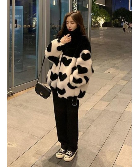 2023 Y2k Winter Zipper Heart Print Coats Harajuku Lamb Wool Fluffy Clothes Women Mid-length Tops Streetwear Warm Thick Jacket...