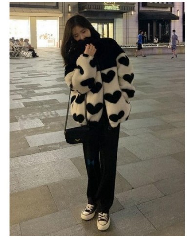 2023 Y2k Winter Zipper Heart Print Coats Harajuku Lamb Wool Fluffy Clothes Women Mid-length Tops Streetwear Warm Thick Jacket...