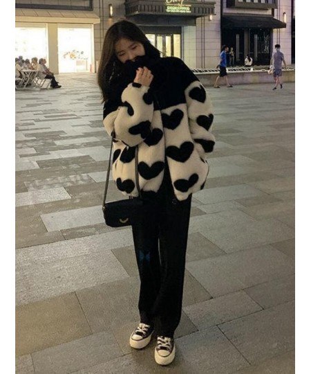 2023 Y2k Winter Zipper Heart Print Coats Harajuku Lamb Wool Fluffy Clothes Women Mid-length Tops Streetwear Warm Thick Jacket...