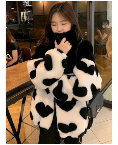 2023 Y2k Winter Zipper Heart Print Coats Harajuku Lamb Wool Fluffy Clothes Women Mid-length Tops Streetwear Warm Thick Jacket...