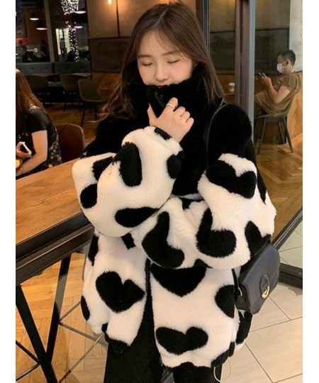 2023 Y2k Winter Zipper Heart Print Coats Harajuku Lamb Wool Fluffy Clothes Women Mid-length Tops Streetwear Warm Thick Jacket...