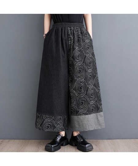 Spring And Summer New Loose Casual Contrast Printing Versatile Denim Wide Leg Pants Women Pockets Streetwear Ankle Length Pan...