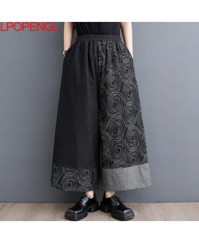 Spring And Summer New Loose Casual Contrast Printing Versatile Denim Wide Leg Pants Women Pockets Streetwear Ankle Length Pan...