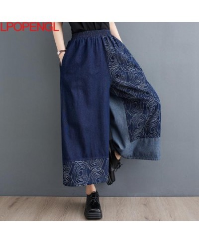 Spring And Summer New Loose Casual Contrast Printing Versatile Denim Wide Leg Pants Women Pockets Streetwear Ankle Length Pan...