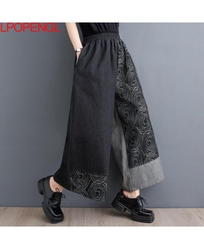 Spring And Summer New Loose Casual Contrast Printing Versatile Denim Wide Leg Pants Women Pockets Streetwear Ankle Length Pan...