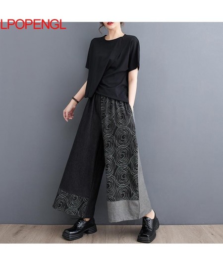 Spring And Summer New Loose Casual Contrast Printing Versatile Denim Wide Leg Pants Women Pockets Streetwear Ankle Length Pan...