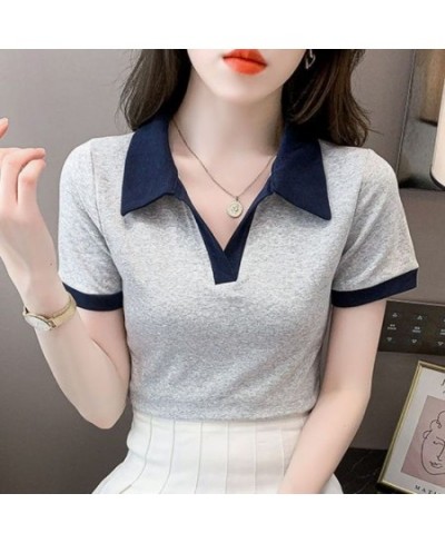 Women's T Shirts Short Sleeve Tee Polo Neck Shirt Plain Top Golf Trend Luxury Clothes Cute Polyester Summer 2023 Korean Style...