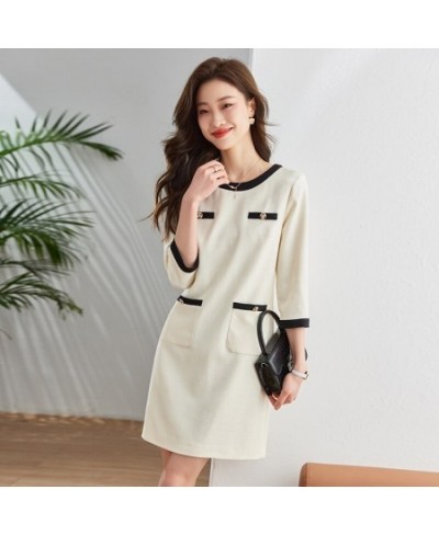 French Straight Thin Tweed Dresses for Women 2023 Spring Vintage O-Neck Elegant Three Quarter Sleeve Pocket Mini Dress $99.16...