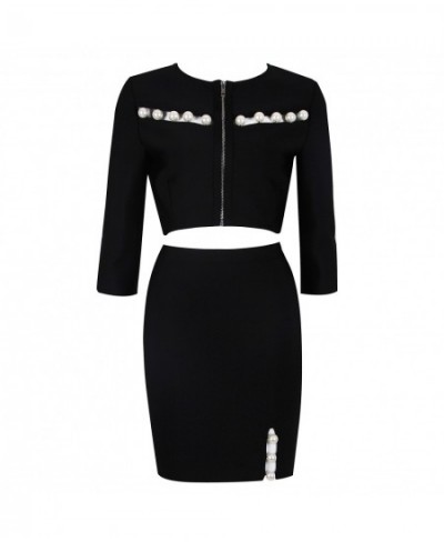 2022 New Summer 2 Piece Suit Patchwork Black O-Neck Long-Sleeved Beaded Hollow Sexy Mini Hip Skirt Female Bandage Set $103.06...