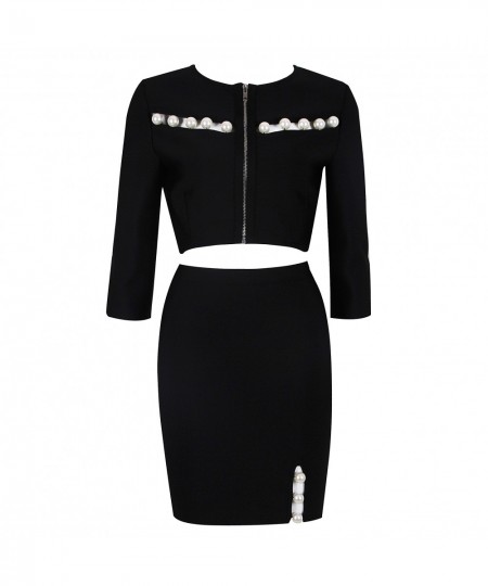 2022 New Summer 2 Piece Suit Patchwork Black O-Neck Long-Sleeved Beaded Hollow Sexy Mini Hip Skirt Female Bandage Set $103.06...