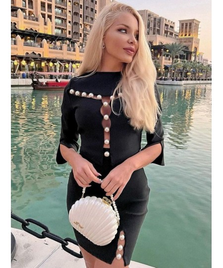 2022 New Summer 2 Piece Suit Patchwork Black O-Neck Long-Sleeved Beaded Hollow Sexy Mini Hip Skirt Female Bandage Set $103.06...