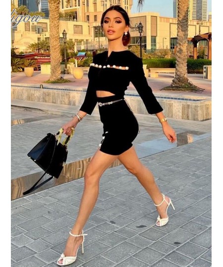 2022 New Summer 2 Piece Suit Patchwork Black O-Neck Long-Sleeved Beaded Hollow Sexy Mini Hip Skirt Female Bandage Set $103.06...