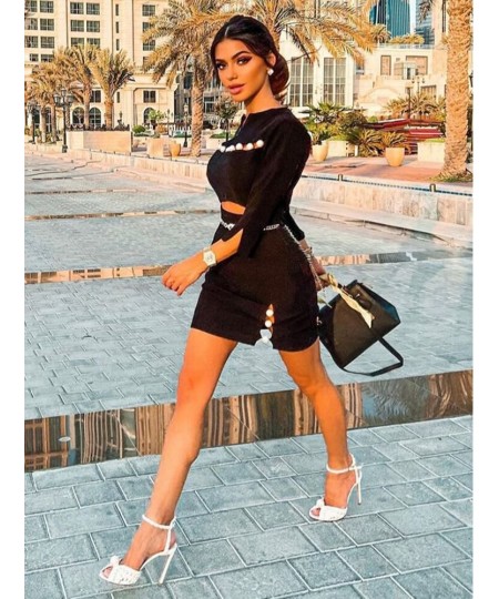 2022 New Summer 2 Piece Suit Patchwork Black O-Neck Long-Sleeved Beaded Hollow Sexy Mini Hip Skirt Female Bandage Set $103.06...