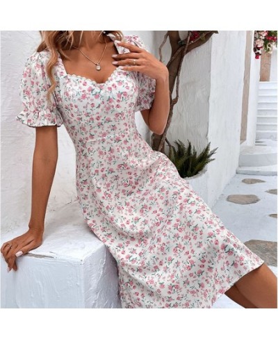 Fashion Floral Dress for Women 2023 Summer Casual Short-sleeved Waist Slim Midi Dresses Women's Beach Party Holiday Wind Dres...